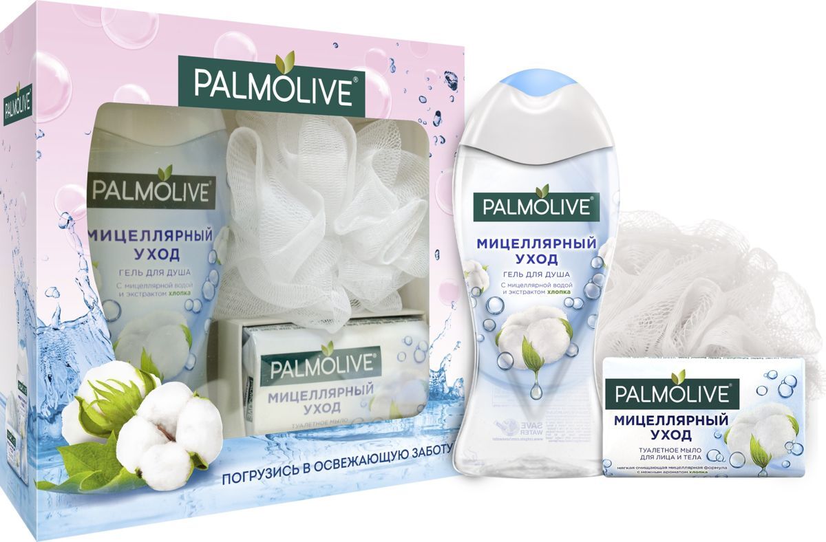 фото Подарочный набор Palmolive Мицелярный уход Гель для душа + Мыло + ПОДАРОК Мочалка, женский, RU00687A