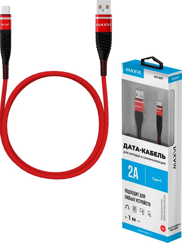 фото Кабель MAXVI MC- 05Т, Type-C-USB, 2A, 1m, Red