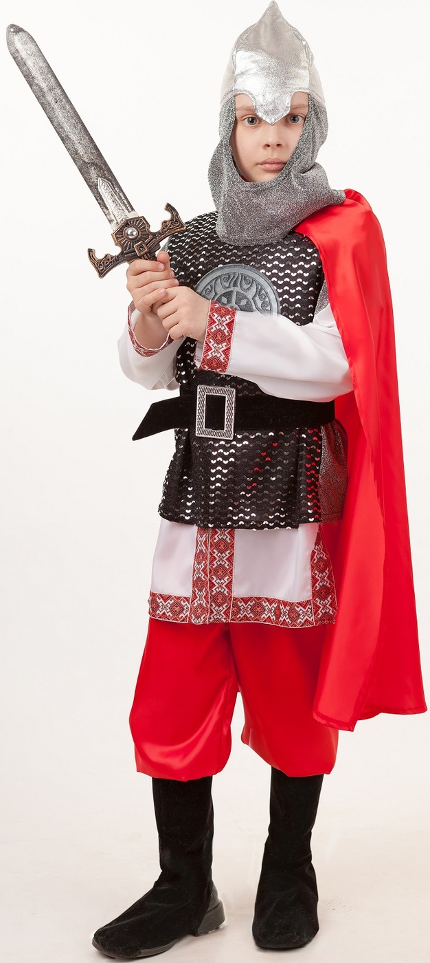 фото Карнавальный костюм Богатырь кольчуга, рубаха, шлем, брюки, плащ, меч размер 140-72 Пуговка
