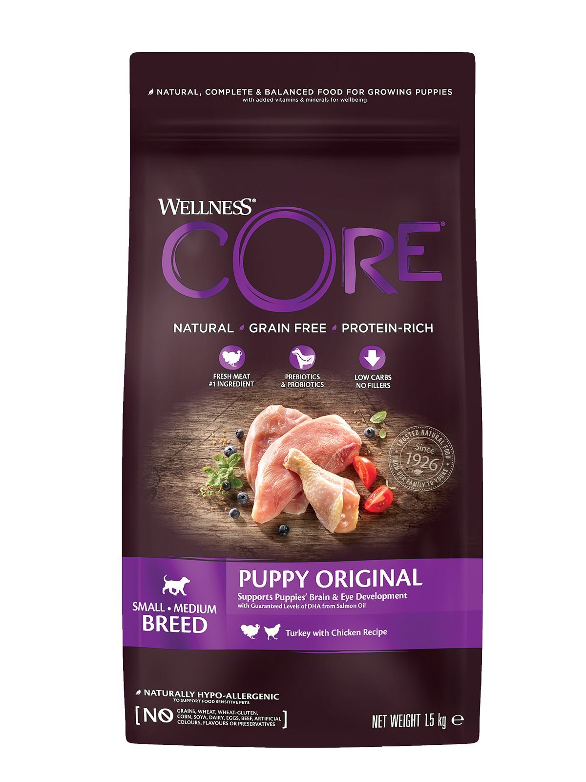 Wellness CORE Корм из индейки с курицей для щенков мелких и средних ...