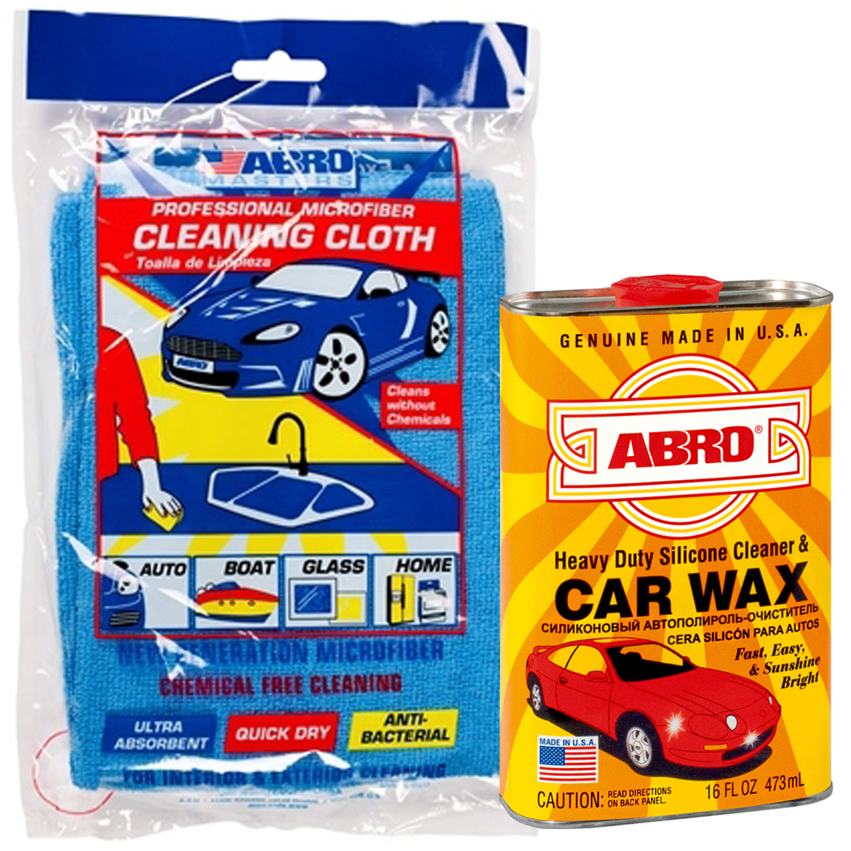 Полироль для автомобиля 473 г ABRO Heavy Duty Silicone Cleaner & Car Wax /  Автовоск + Микрофибра для машины 38х40 см ABRO / Салфетка протирочная ...