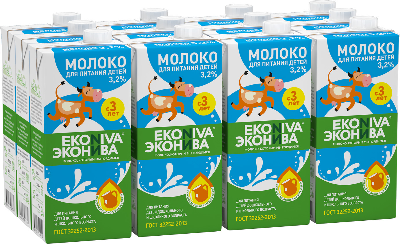 Молоко ультрапастеризованное ЭкоНива, детское, 3,2%, 1 л х 12 шт ...