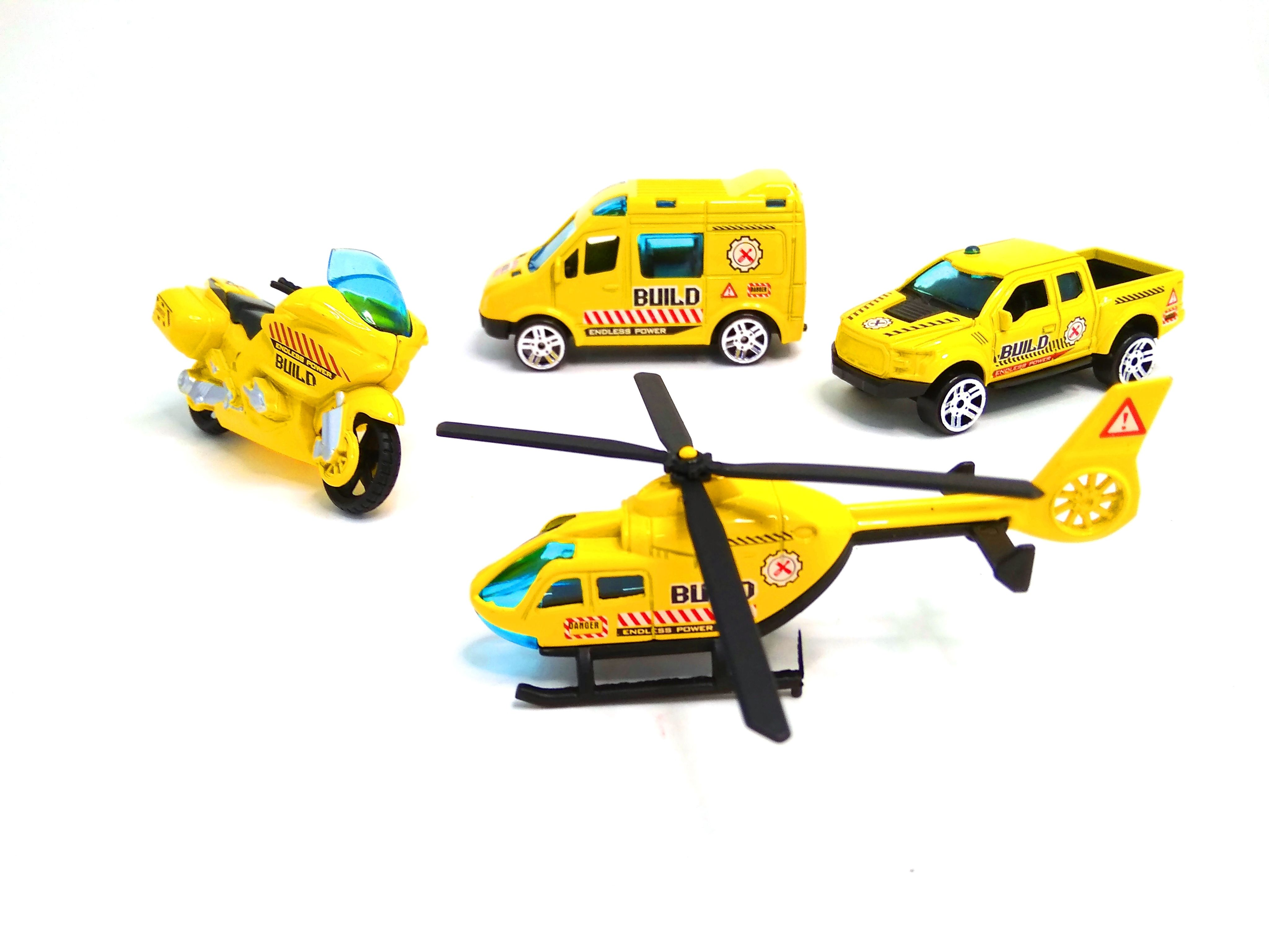 Набор Детских Машинок 4 в 1 Техническая служба Вертолёт Мотоцикл Пикап ...