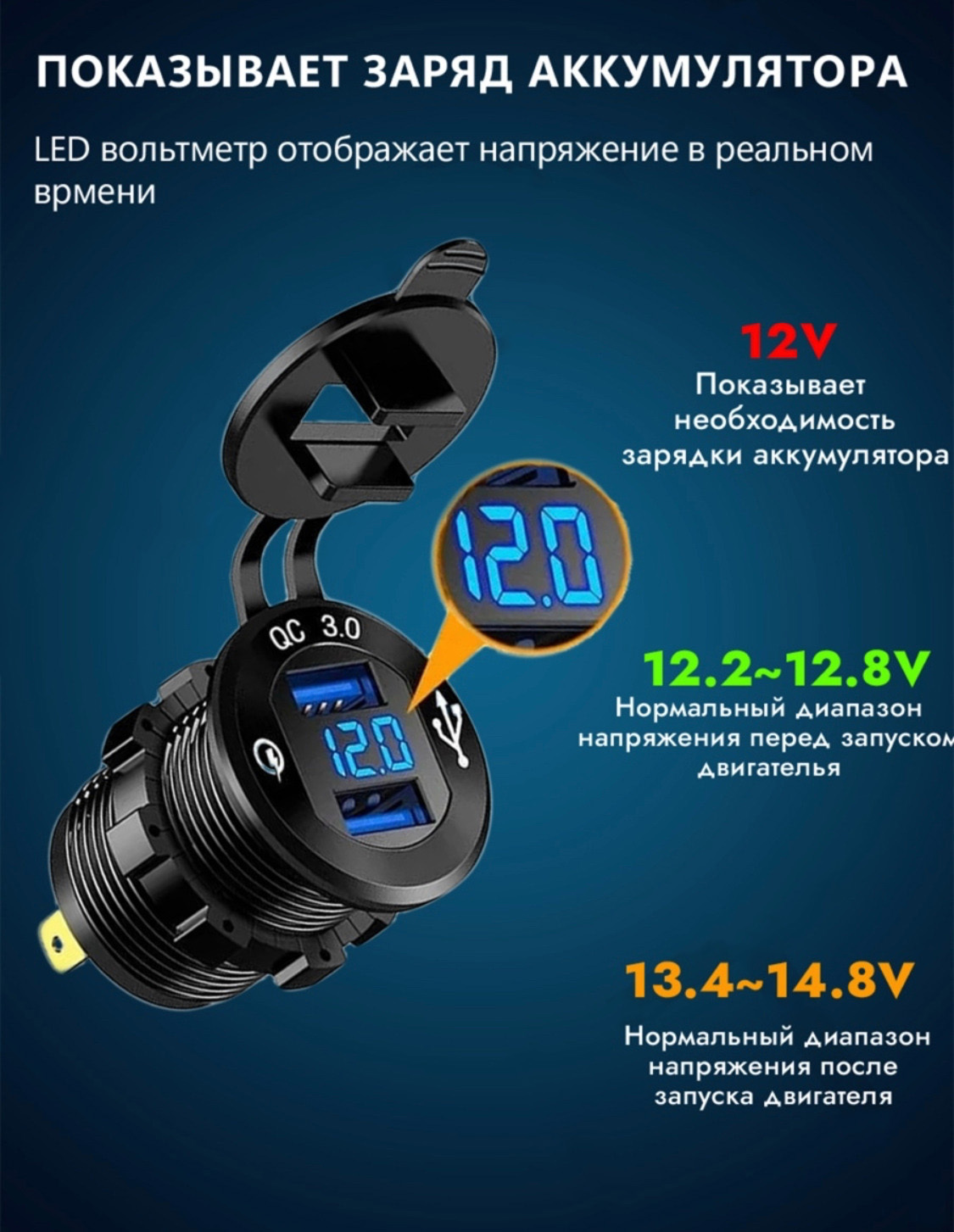 Разъем USB В авто (врезные) 12v-24v GH-ds143 PD + вольтметр (квадратный) QC3.0