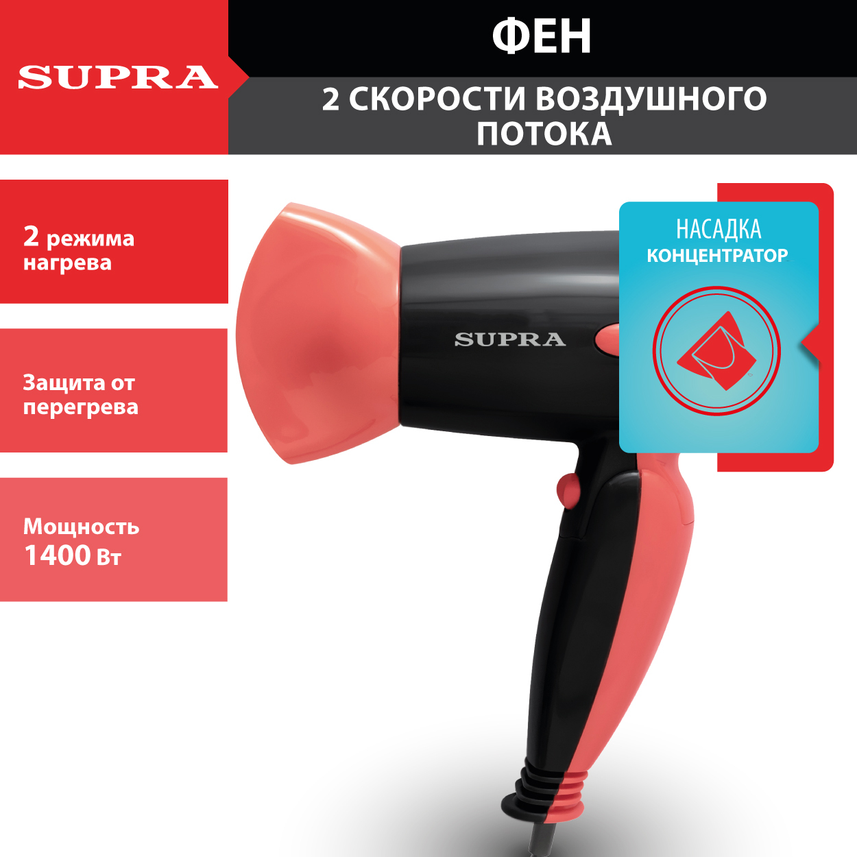 Фен для волос Supra дорожный, складной, 2 скорости, 2 режима, 1400 Вт,  черный, красный - купить по выгодным ценам в интернет-магазине OZON  (223527828)