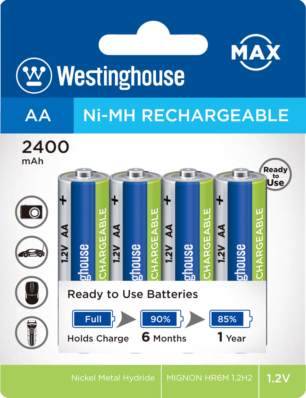 аккумуляторNi-MHWestinghouse2400mAhR6/AAMax-BP4дляиспользованиявчасах,фотоаппаратах,фонарях,игрушках,беспроводныхмышахит.д.