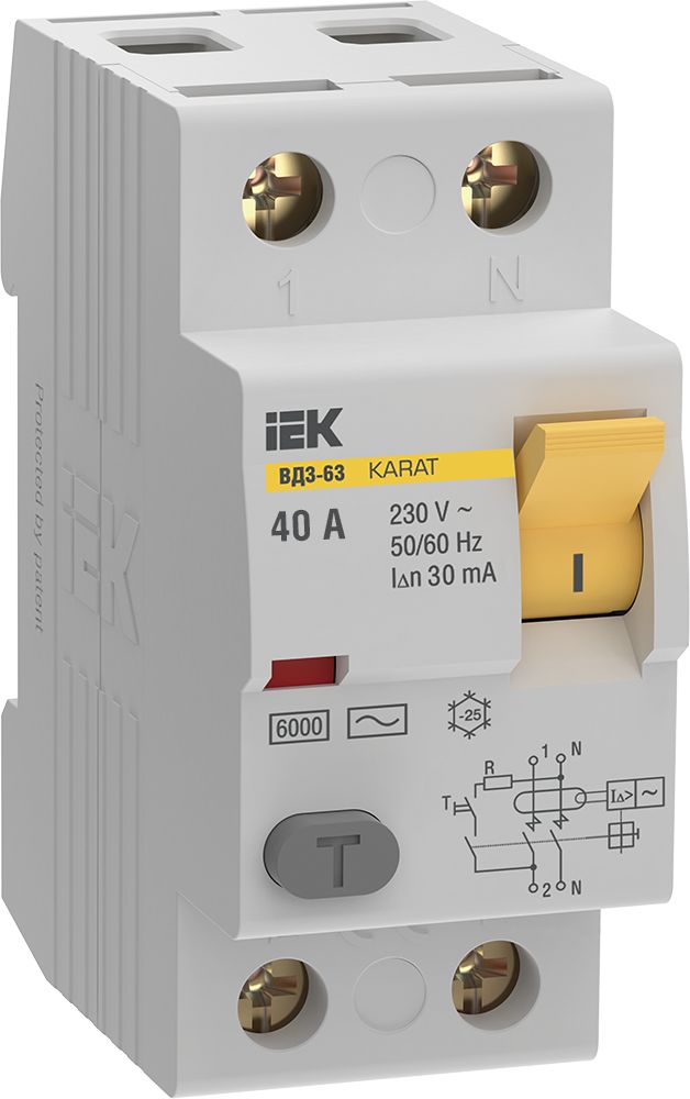 IEK Выключатель дифференциальный (УЗО) KARAT ВД3-63 2P 40А 30мА 6кА тип AC (MDV20-2-040-030)