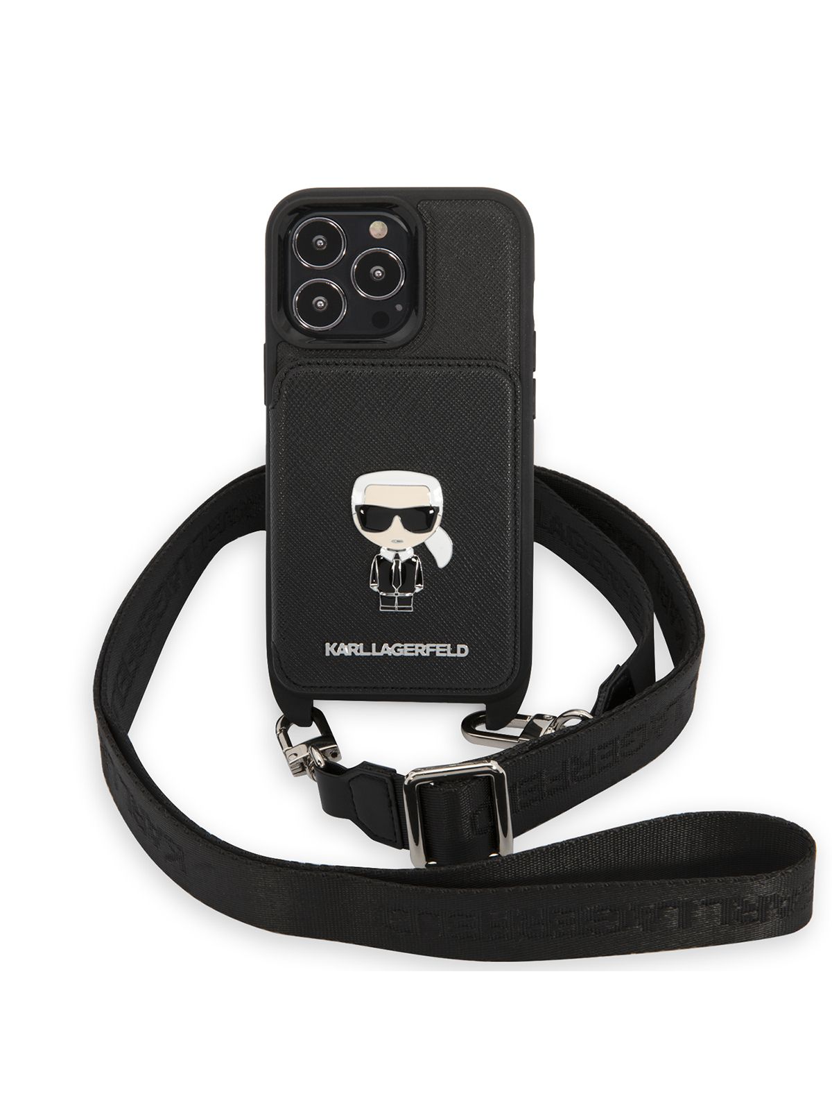 Чехол Karl Lagerfeld Crossbody Cardslot накладка на Apple iPhone 13 Pro /  для Айфон 13 Про из экокожи с ремешком через плечо, на шею, с карманом для  карт Ikonik metal, черный -