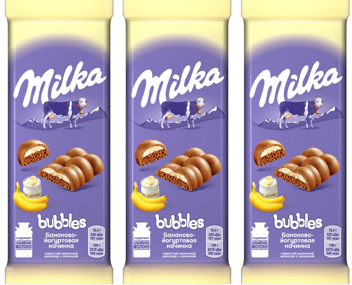 Шоколад Milka Bubbles с бананово-йогуртовой начинкой молочный пористый 92г