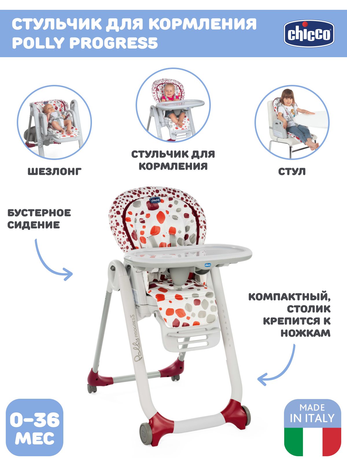 Стульчик для кормления chicco polly progres5 cherry