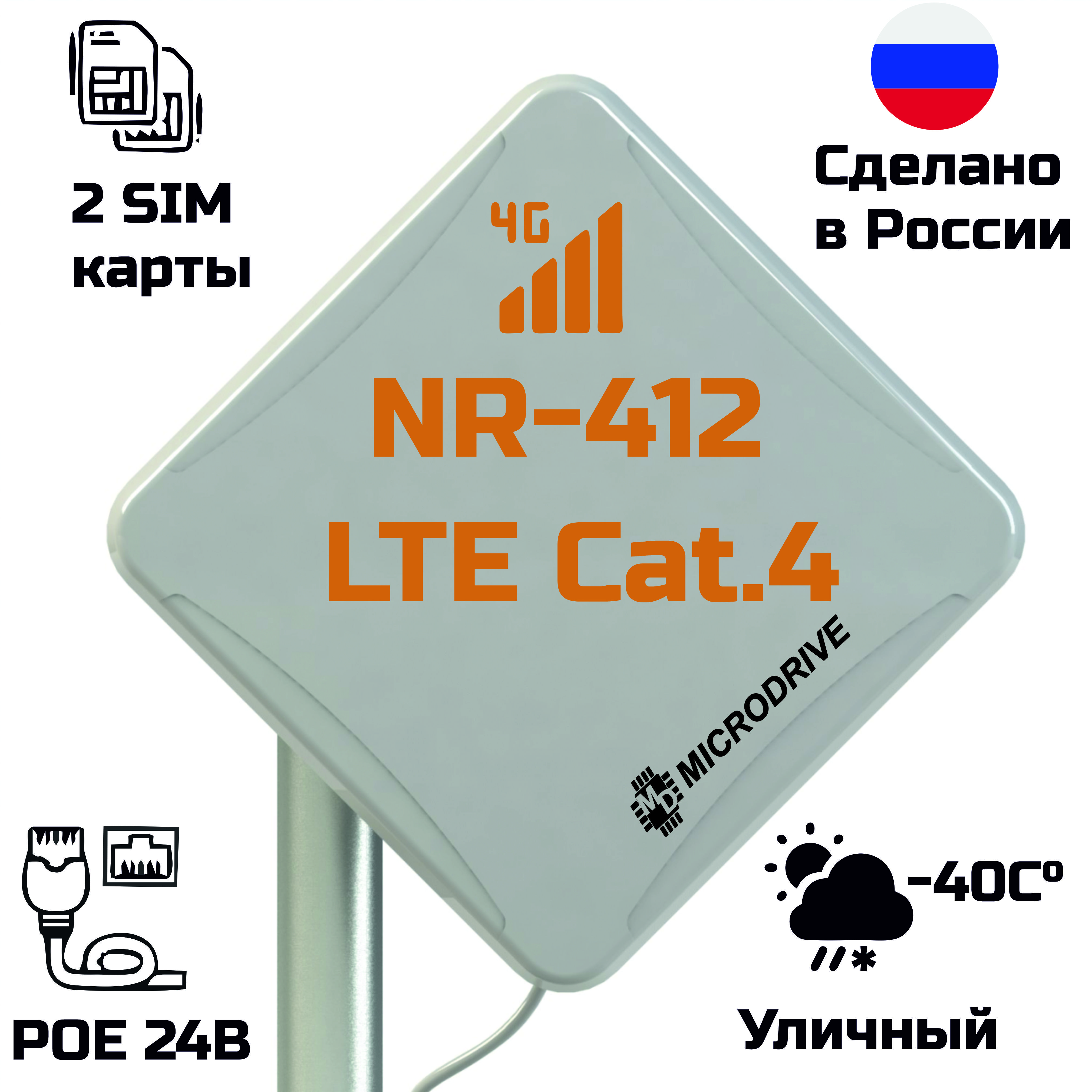 MicrodriveРоутерКомплектинтернетанадачу,2SIM,LTEантенна+15,5dbi,уличныйроутерNR-412Cat.4