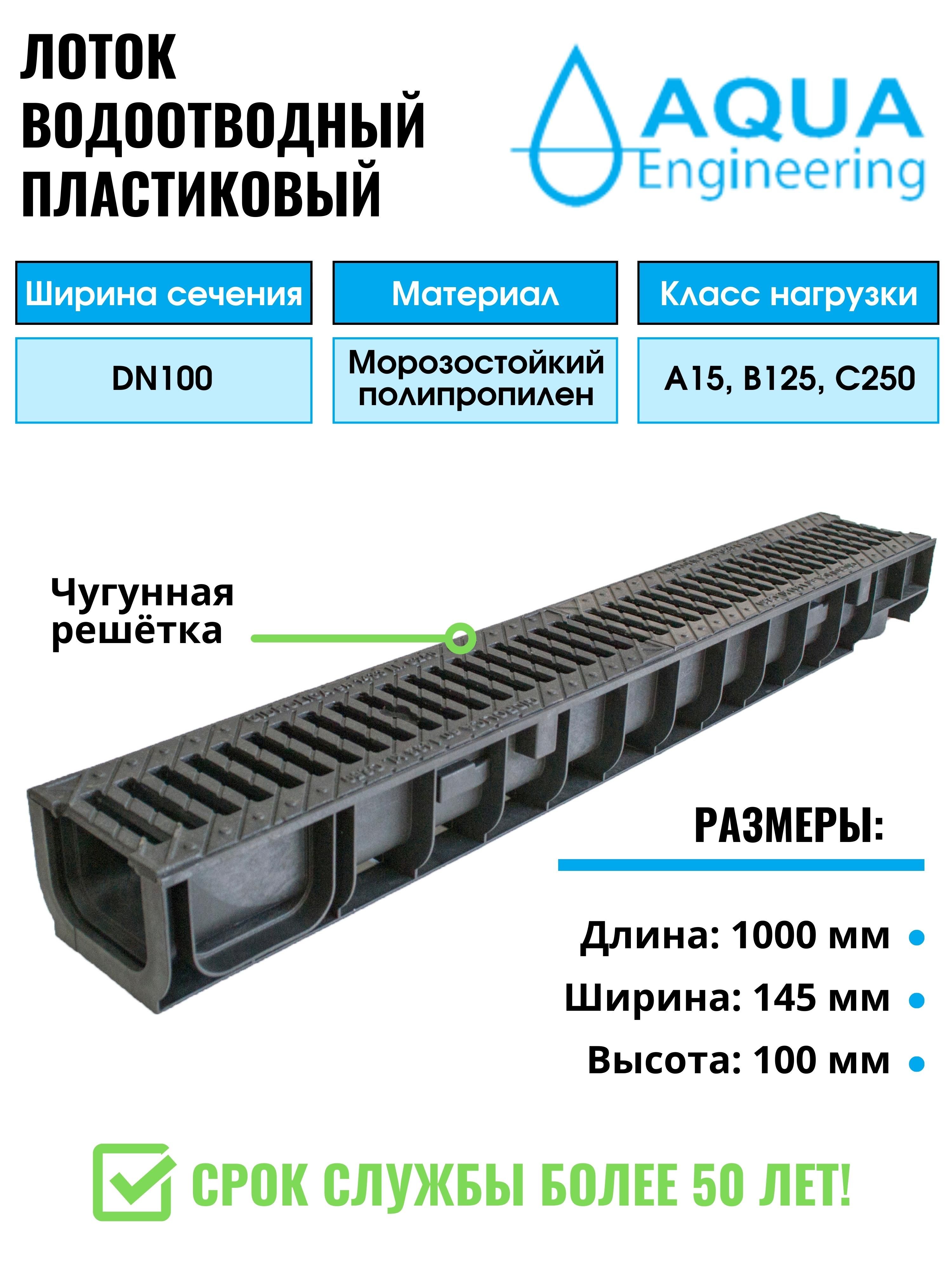 Лоток водоотводный пластиковый, дренажный, с чугунной решёткой, 1000x145x100 мм.