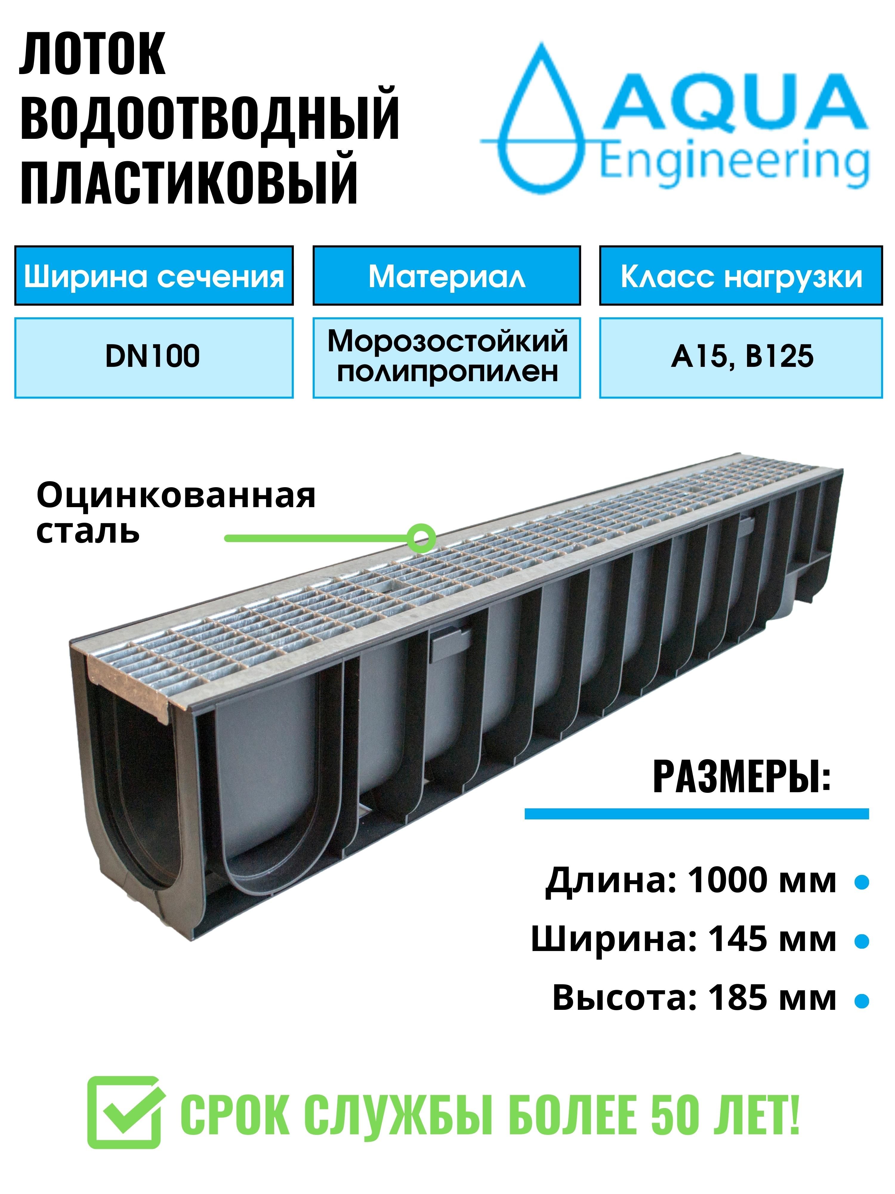 Лоток водоотводный пластиковый, дренажный, с ячеистой решёткой из оцинкованной стали, 1000x145x185 мм.