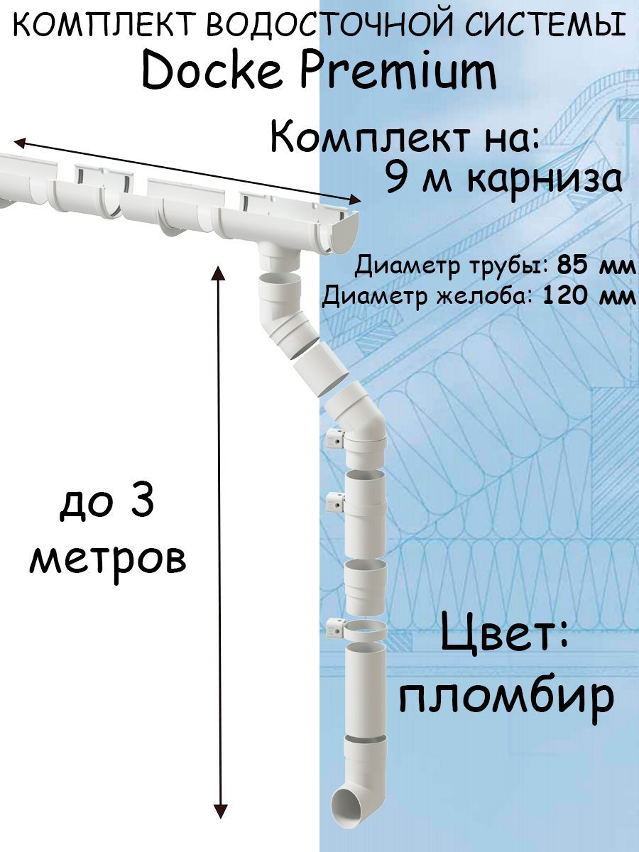 Комплект водосточной системы Docke Premium пломбир 9 метров (120мм/85мм)  водосток для крыши Дёке Премиум белый (RAL 9003)