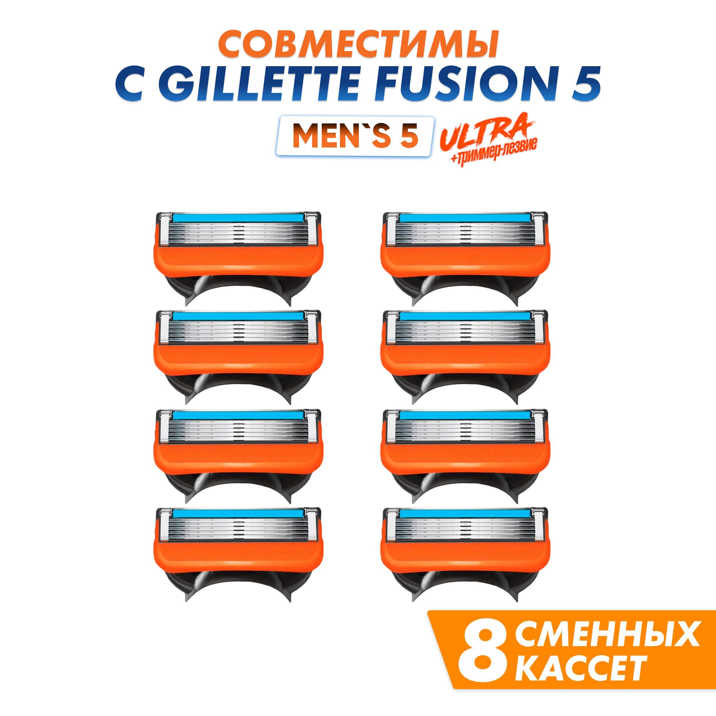 Сменные кассеты Men's Max 5 Ultra для бритвенных станков совместимы c популярными мужскими бритвами, 8 шт по 5 лезвий с триммером