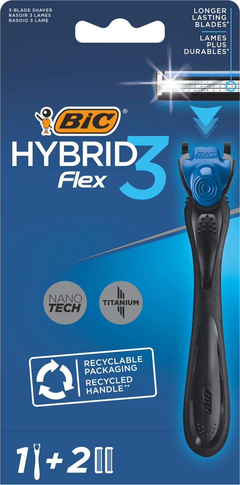 BIC/БикHybridFlex3Бритвенныйстанокмужской3лезвия,1шт.+2сменныекассеты/уходзакожейдлямужчин