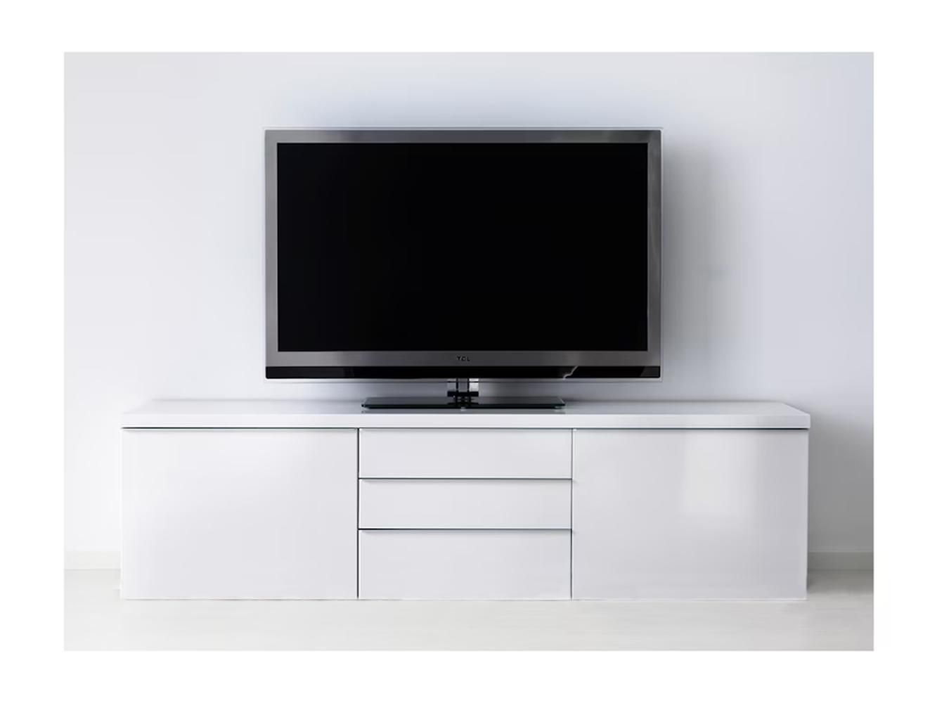 белая глянцевая тумба под телевизор для гостиной в современном стиле
