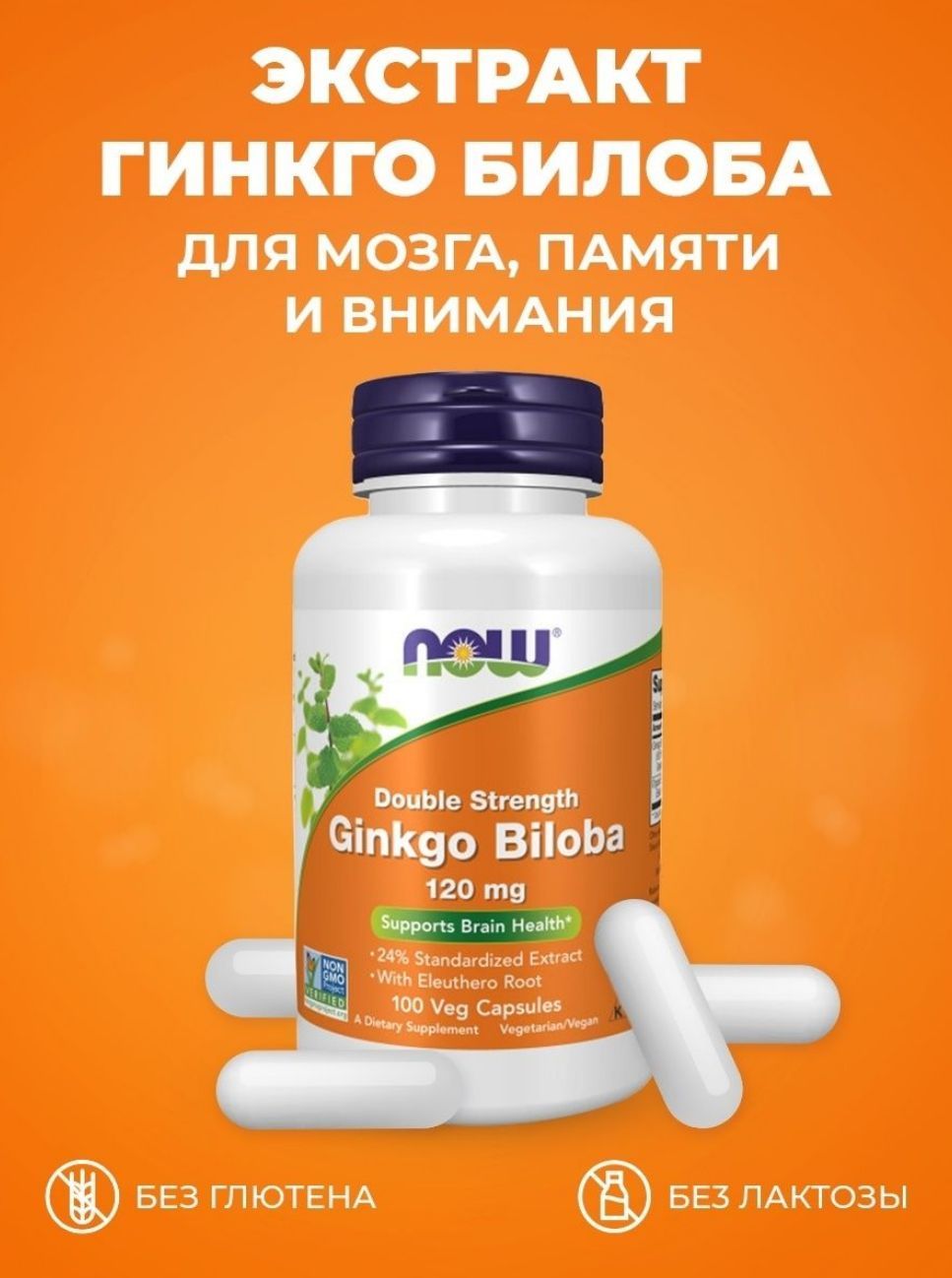 NOW Ginkgo Biloba 120 mg Гинкго Билоба, 100 капсул