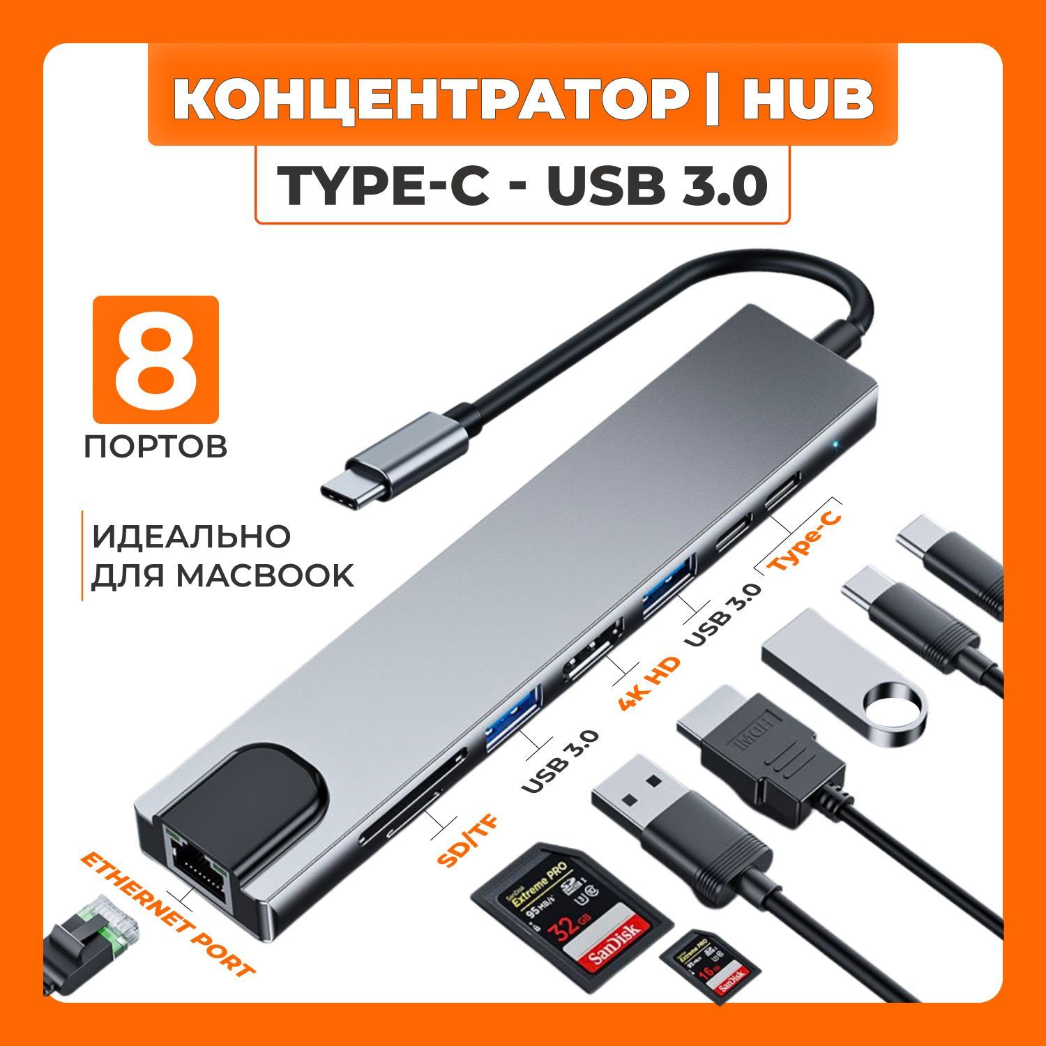 USB Концентратор на 8 портов: USB, Type-C, HDMI, Ethernet, microSD, SD.  Разветвитель, хаб, картридер для ноутбука. - купить с доставкой по выгодным  ценам в интернет-магазине OZON (1214217566)