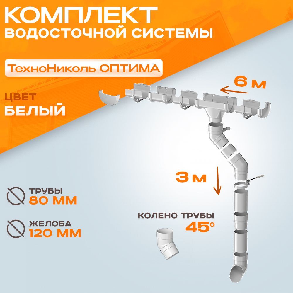 Водосток для крыши дома комплект водосточной системы Технониколь Оптима  (120мм/80мм/6м) белый на 6 метров - купить с доставкой по выгодным ценам в  интернет-магазине OZON (1257665226)