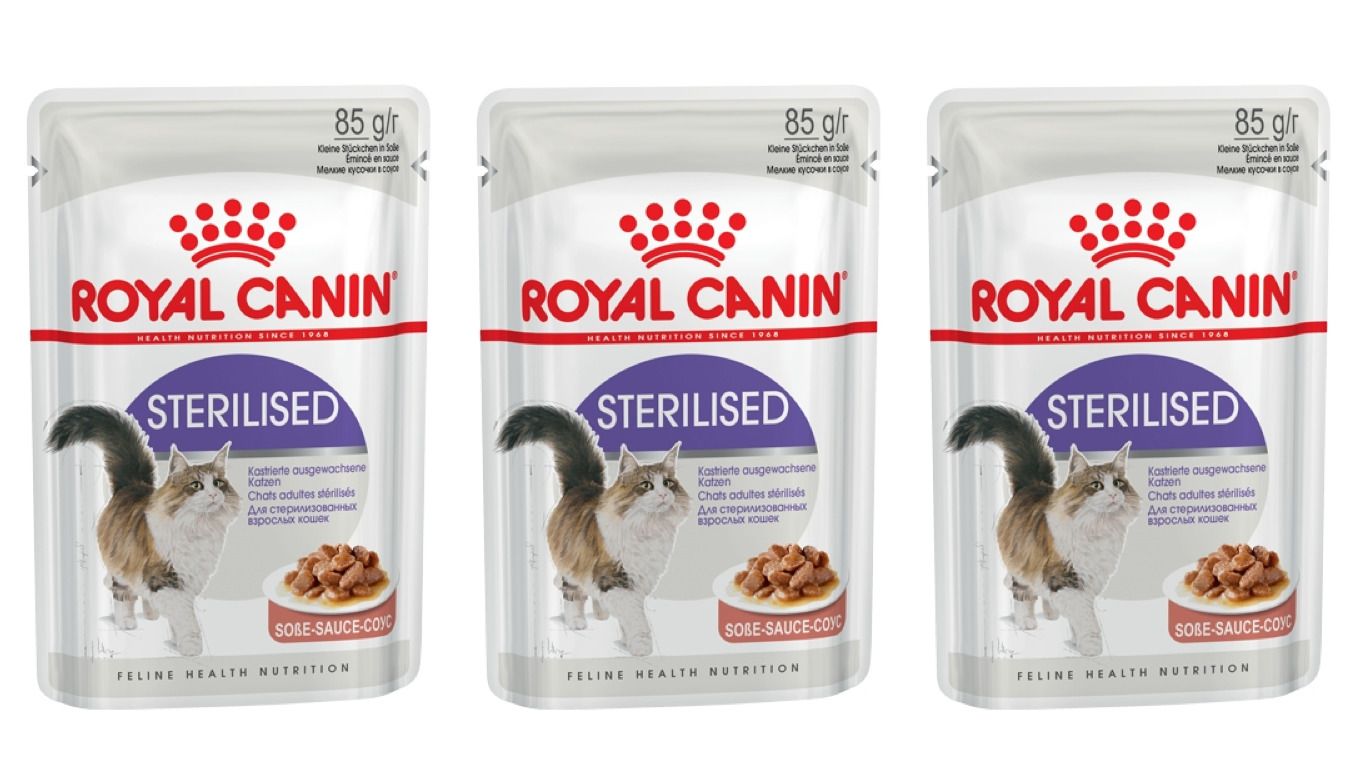 Royal canin sterilized. Роял Канин Стерилайзд для кошек влажный. Роял Канин 85гр. Royal Canin Стерилайзд (пауч). Роял Канин Стерилайзд пауч соус.