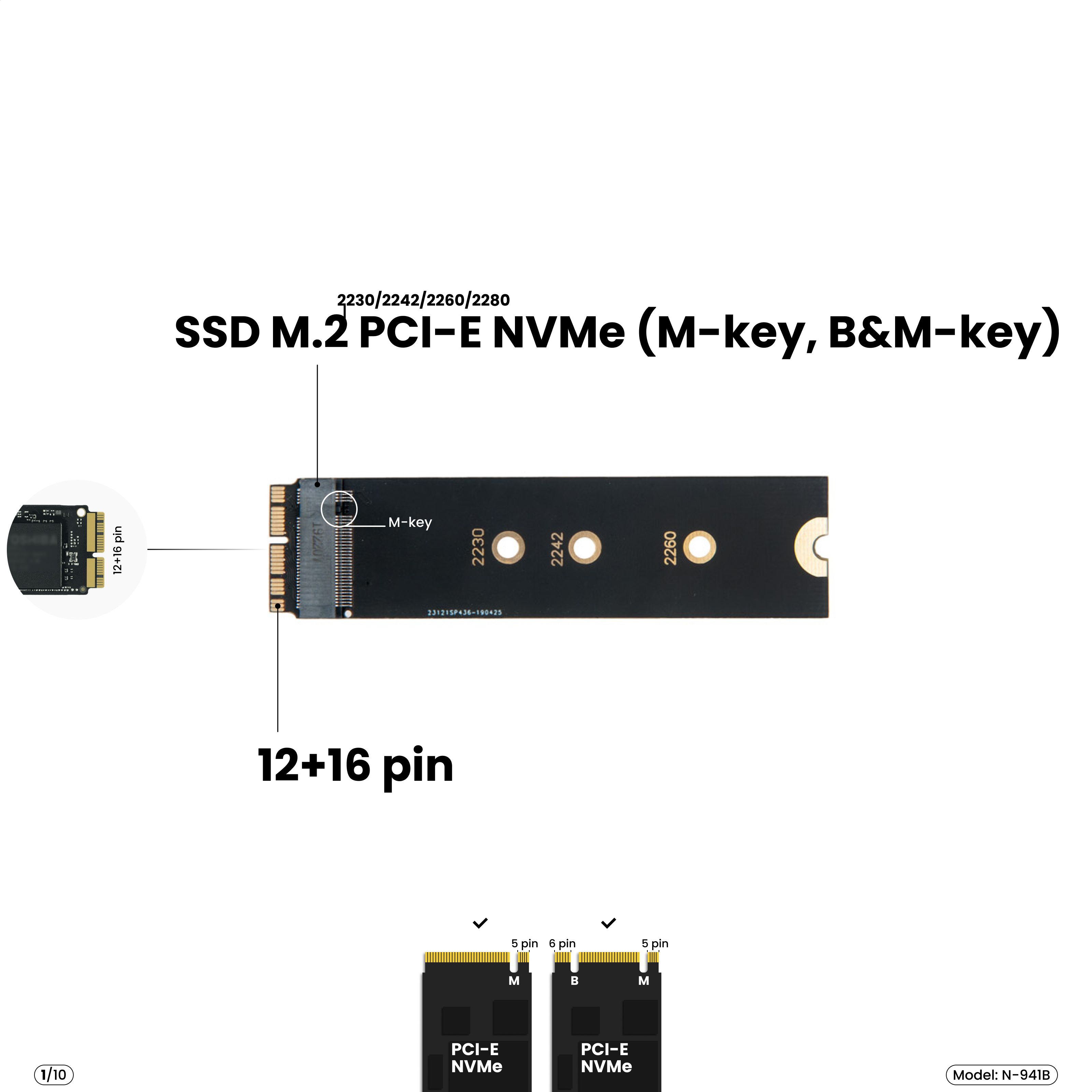 Адаптер-переходникдляустановкиSSDM.22230-2280PCI-ENVMe(M,B&M-key)вразъем12+16PinнаMacBookAir11/13",ProRetina13/15",iMac21.5/27",MacPro,2013-2019,черный,N-941B