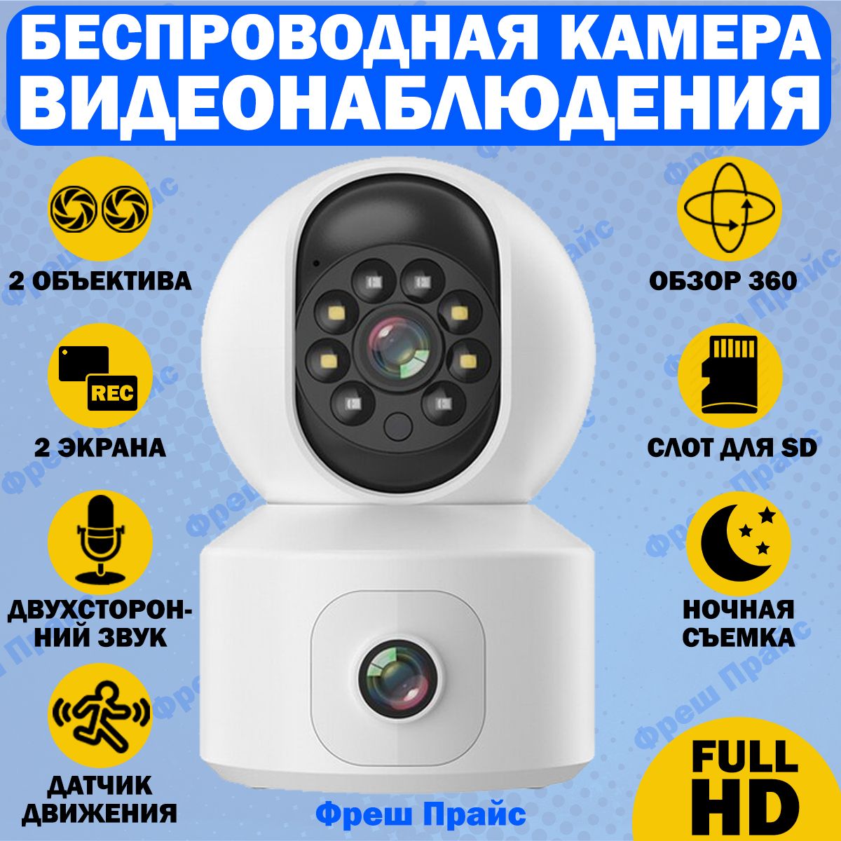 Беспроводная IP Wi-Fi камера видеонаблюдения / видеокамера с обзором  360,ночной съемкой и датчиком движения/WI FI камера нового поколения c FULL  HD, 2 ...