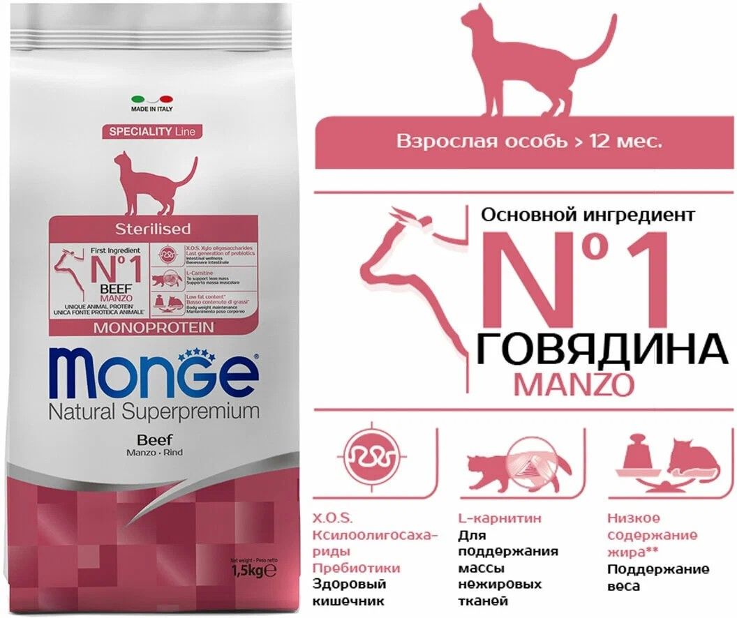 Monge Cat Monoprotein Sterilised Beef. Монж для кошек стерилизованных 1.5 кг лосось. Монж для стерилизованных кошек 1,5. Корм Монж для кошек с говядиной. Monge cat корм для стерилизованных кошек