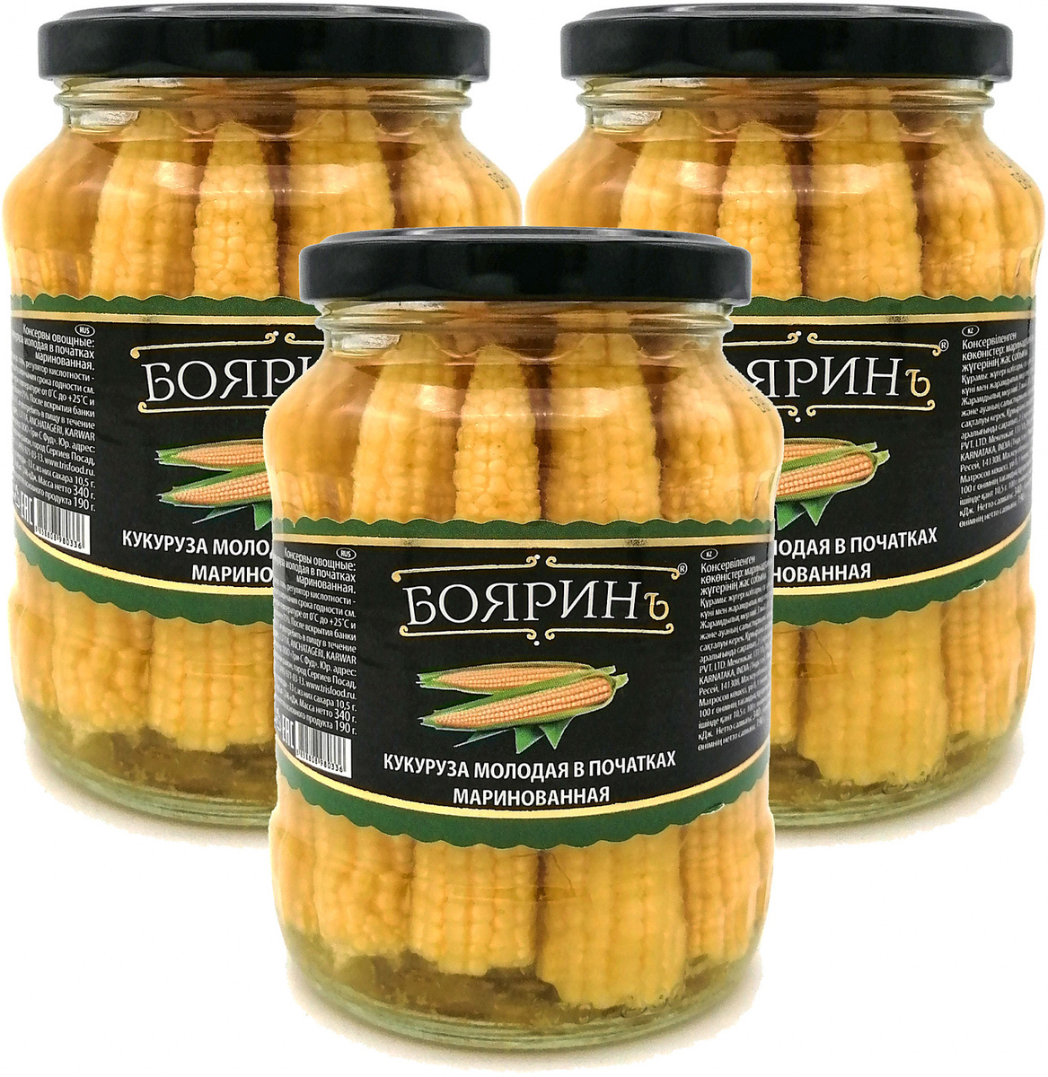 Кукуруза Бояринъ молодая в початках маринованная, 370 мл - 3 шт ...