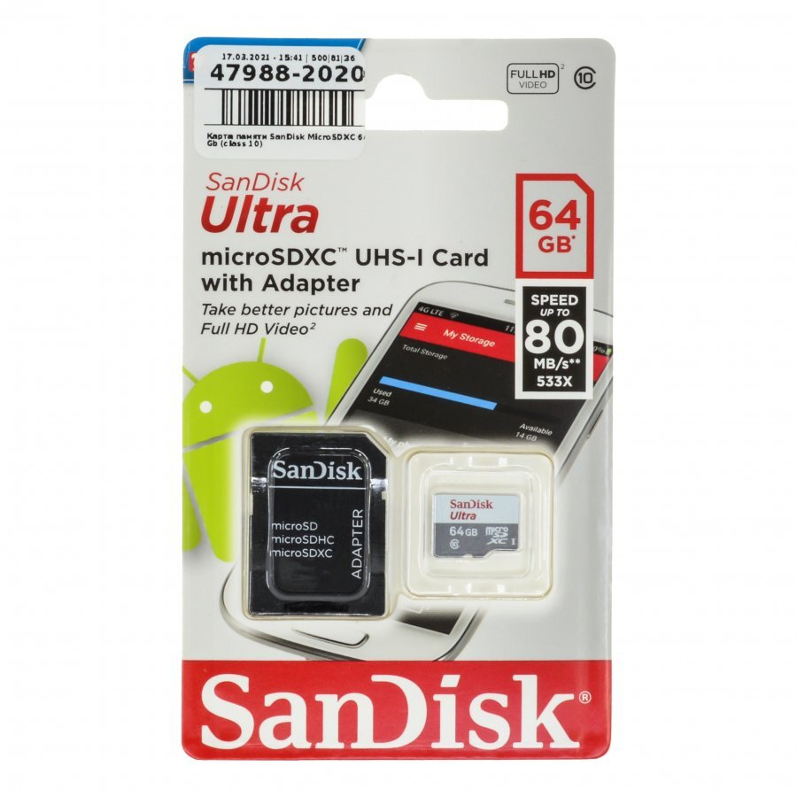 Карта памяти sandisk ultra 64 гб sdsqunr 064g gn3mn