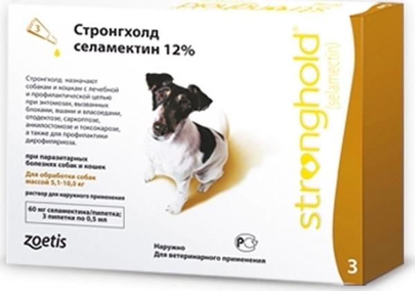 Капли для собак Zoetis Стронгхолд 60 мг, 5,1-10 кг, 3 пипетки х 0,5 мл ...