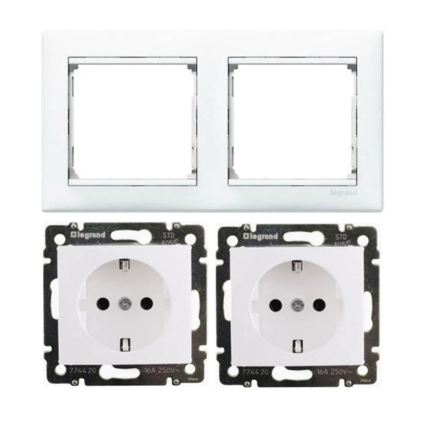 Розетка 2шт. с заземлением на захватах + рамка на 2 поста 1шт. Legrand ...