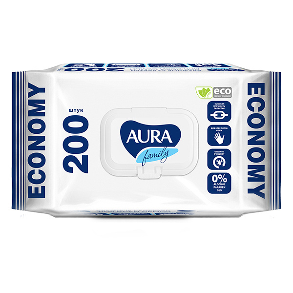 Aura, Влажные салфетки, Family, для всей семьи, big-pack с крышкой, 200 ...