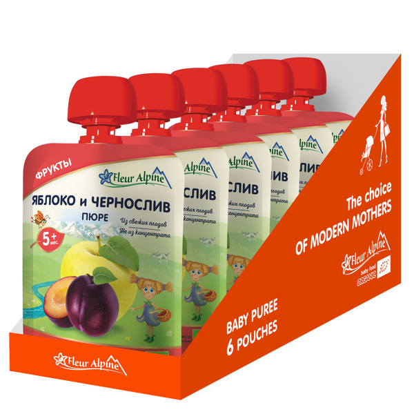 Пюре детское Fleur Alpine Яблоко и чернослив, с 5 месяцев, 6 шт. по 90 ...