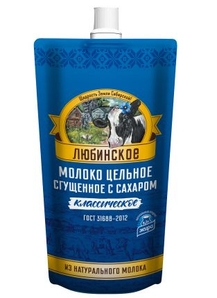 Молоко цельное сгущенное с сахаром жирн. 8,5% ТМ "Любинское" дой-пак ...