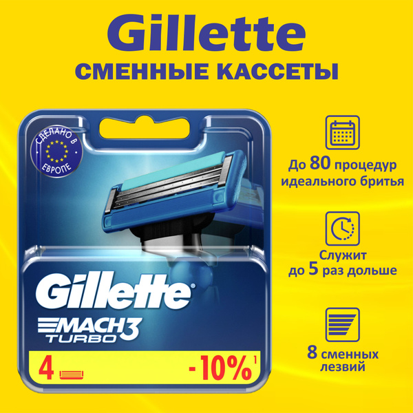 Сменные кассеты Mach 3 Turbo для мужчин, кассеты для бритья 4шт. С ...