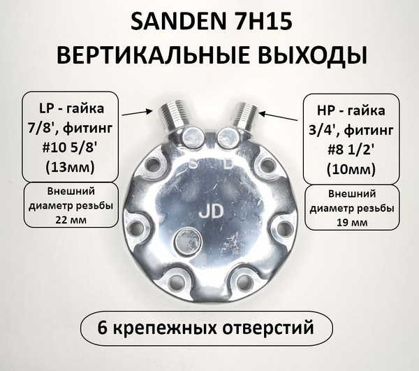 Крышка задняя компрессора SANDEN 7H15, тип JE - вертикальные выходы O ...