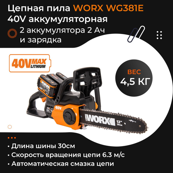 Пила цепная WORX WG381E 40V Li cordless ChainSaw 30 см аккумуляторная с ...