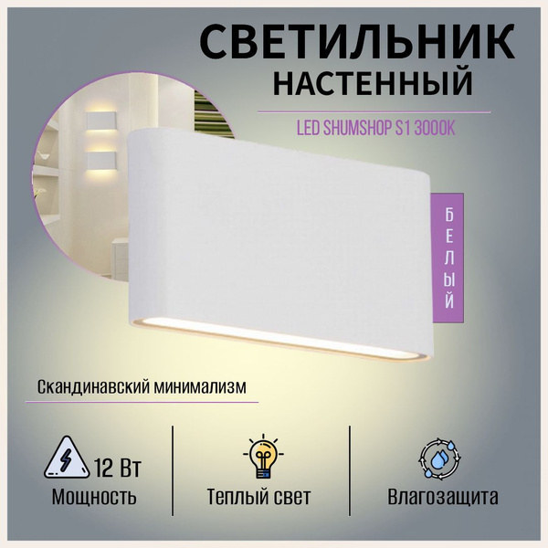 Настенный светильник SHUMSHOP S1_12W_3000K_плоский_Белый (тёплый свет ...