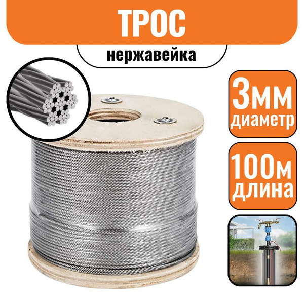 Трос нержавеющая сталь 3мм 100м AISI 304 купить на OZON по низкой цене ...