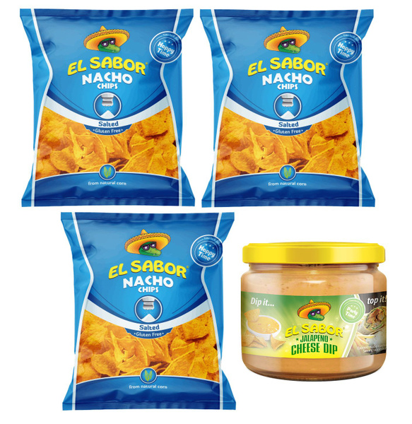 El Sabor чипсы Nachos соленые без глютена 3 шт по 100гр с соусом ...