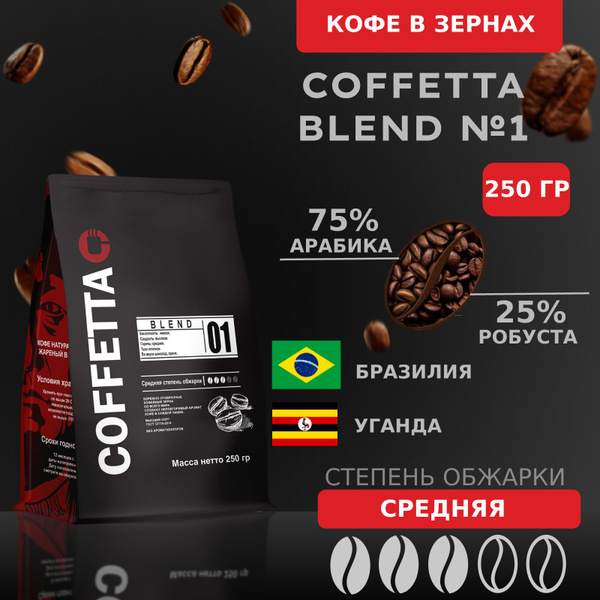 Кофе в зернах арабика/робуста, 250 гр средней обжарки Coffetta Blend №1 ...