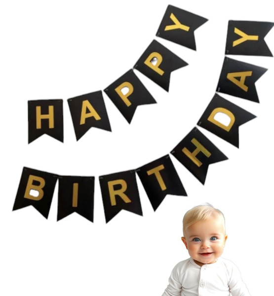 Гирлянда С Happy Birthday, чёрная с золотыми буквами 300 см, 1 шт ...