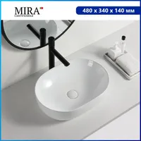 Раковина для ванной, Mira MR-4734M, накладная, овальная, в ванную, с антигрязевым покрытием, без переливного отверстия, без отверстия под смеситель. Спонсорские товары