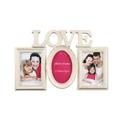 Настенная семейная фоторамка коллаж на 3 фото бежевого цвета с эффектом потертости, декорированная надписью "Love". Эта  ...