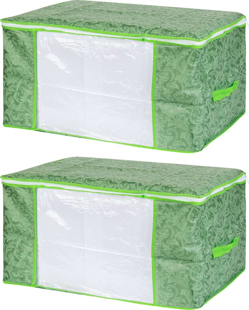 фото Кофр для хранения одеял и пледов 60х45х30 смEL Casa "Королевский узор" зелен,на молнии с окошком (2шт)
