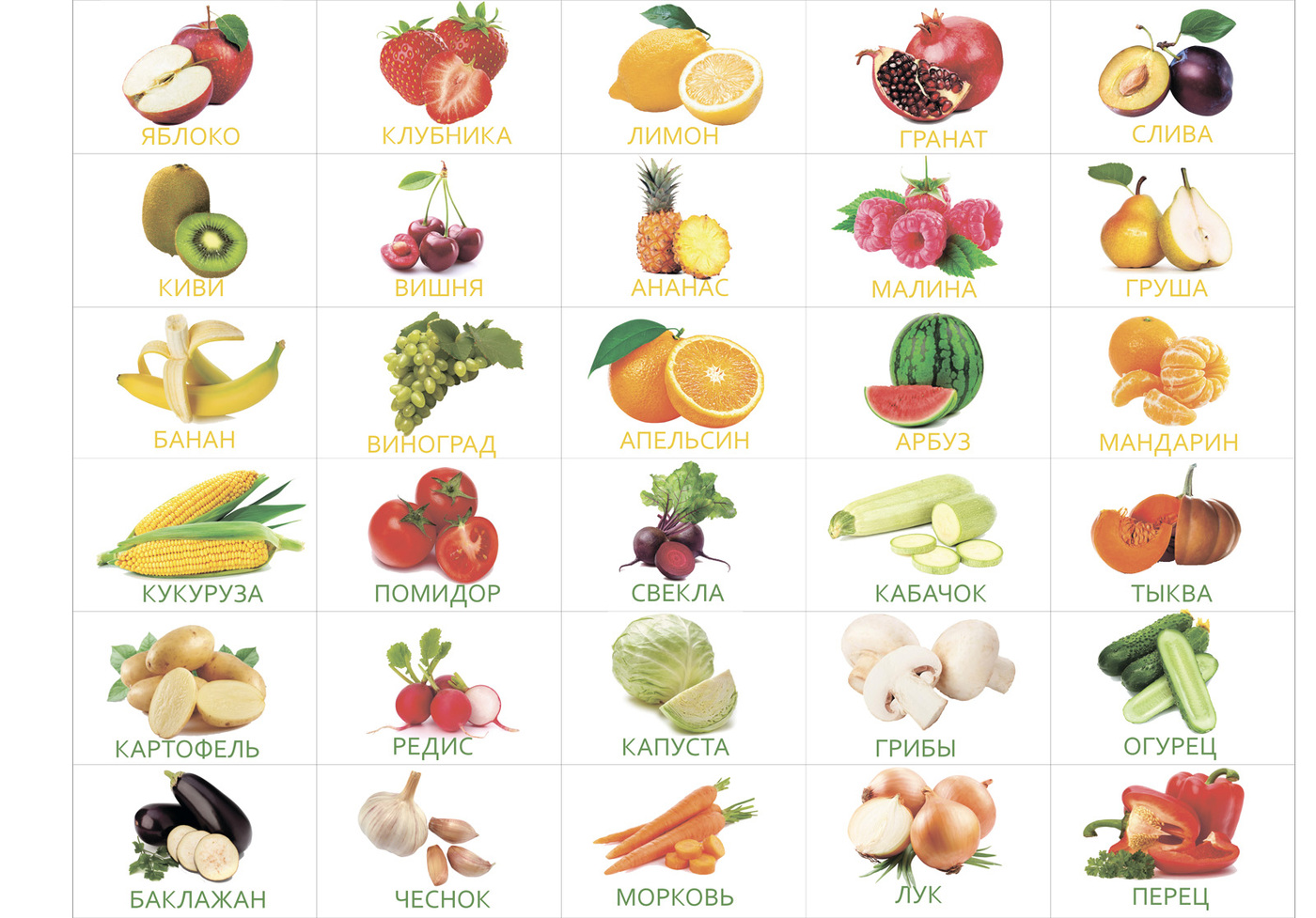 Карточки овощей и фруктов