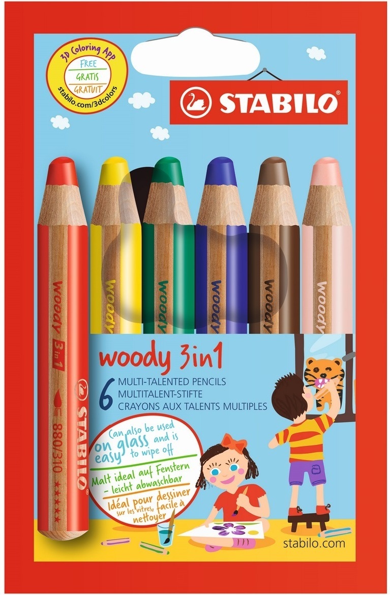 Набор STABILO Woody 3 в 1: карандаш + акварель + восковой мелок, утолщенные, 6 цветов - изображение