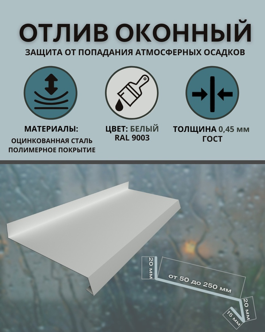 Отлив оконный ширина 70 мм длина 1250 мм белый RAL 9003 - купить по ...