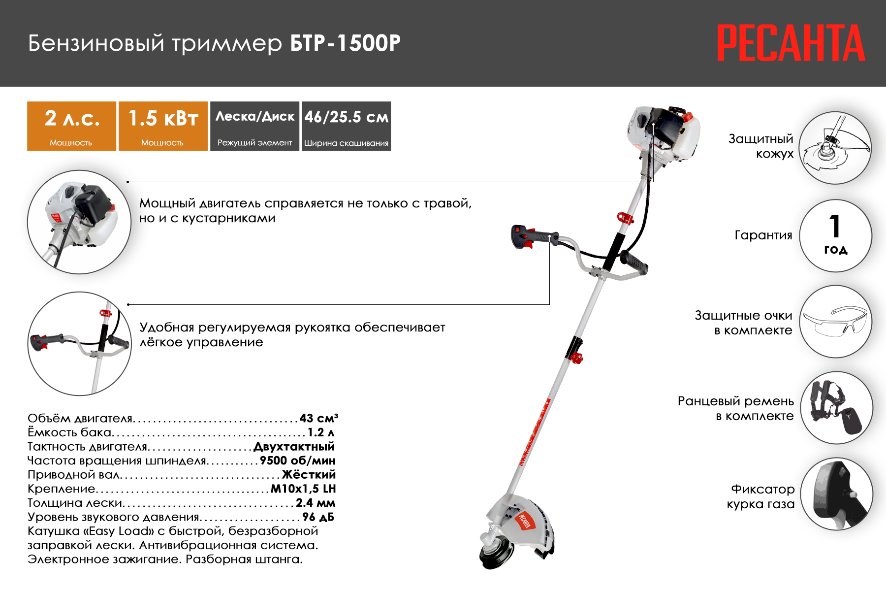 Бензиновый триммер Ресанта БТР-1500Р (разборная штанга)